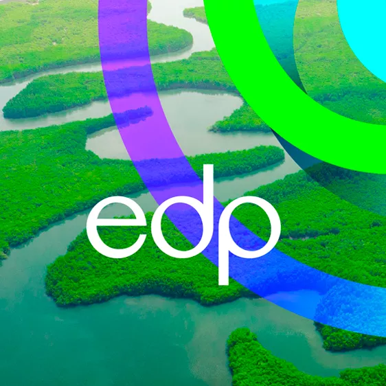 rio com vegetação e logo da EDP